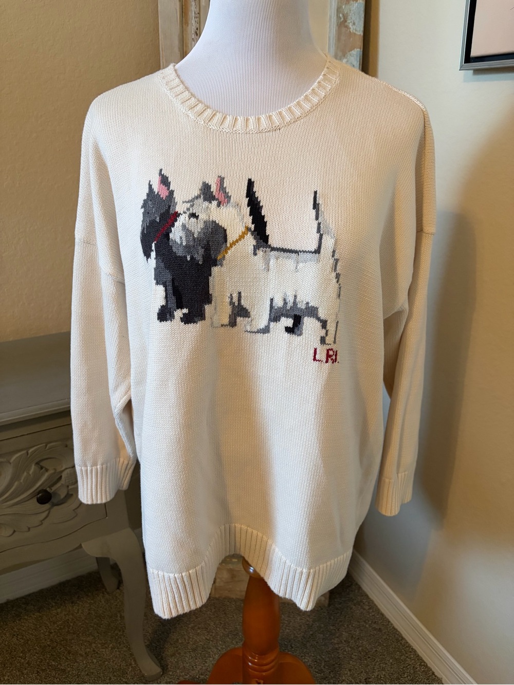 Ralph Lauren Cream Sweater with Scottie Dog Intarsia, Preppy Coastal